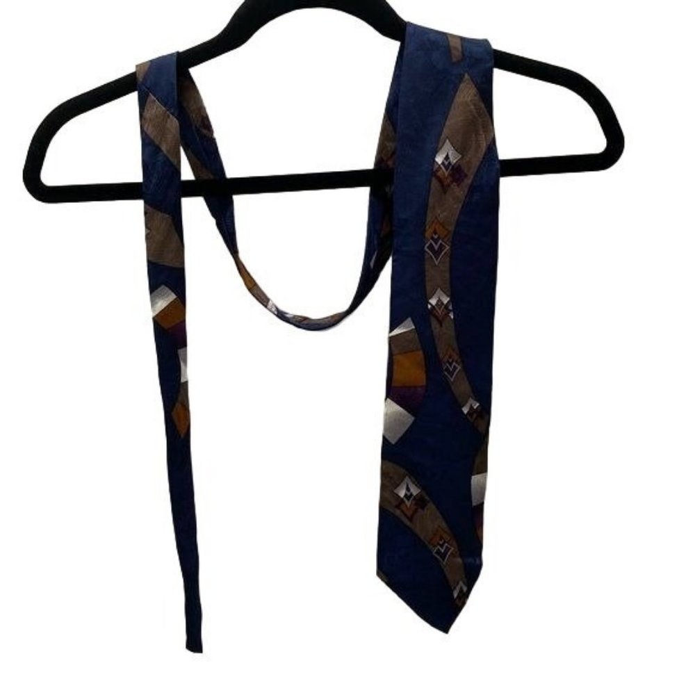 Lazarus blue tie with swooping brown and orange elements, 100% imported silk